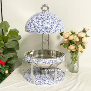 Wholesale Elegant Chafing Dish with Hanging Lid, Stainless Steel Blue and White Porcelain Buffet Set (2)