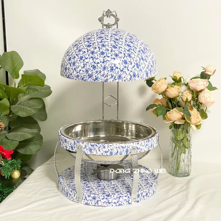Mayorista Elegante Plato con Tapa Colgante, Acero Inoxidable Azul y Blanco Porcelana Juego de Buffet (2)