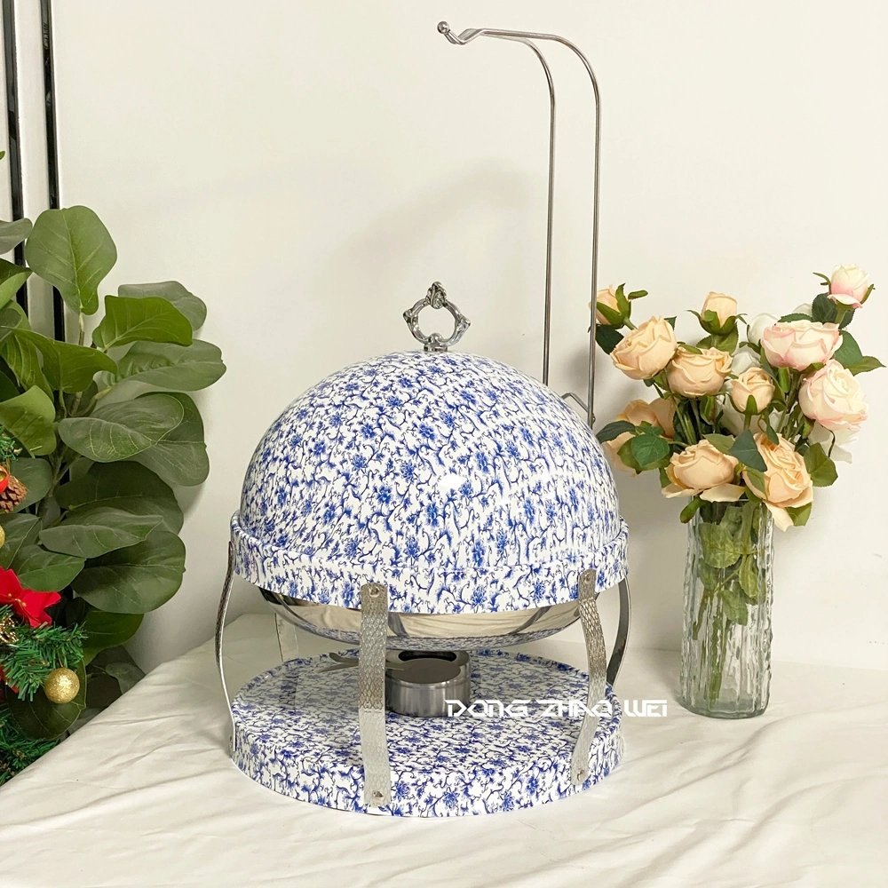 Wholesale Elegant Chafing Dish with Hanging Lid, Stainless Steel Blue and White Porcelain Buffet Set (3)