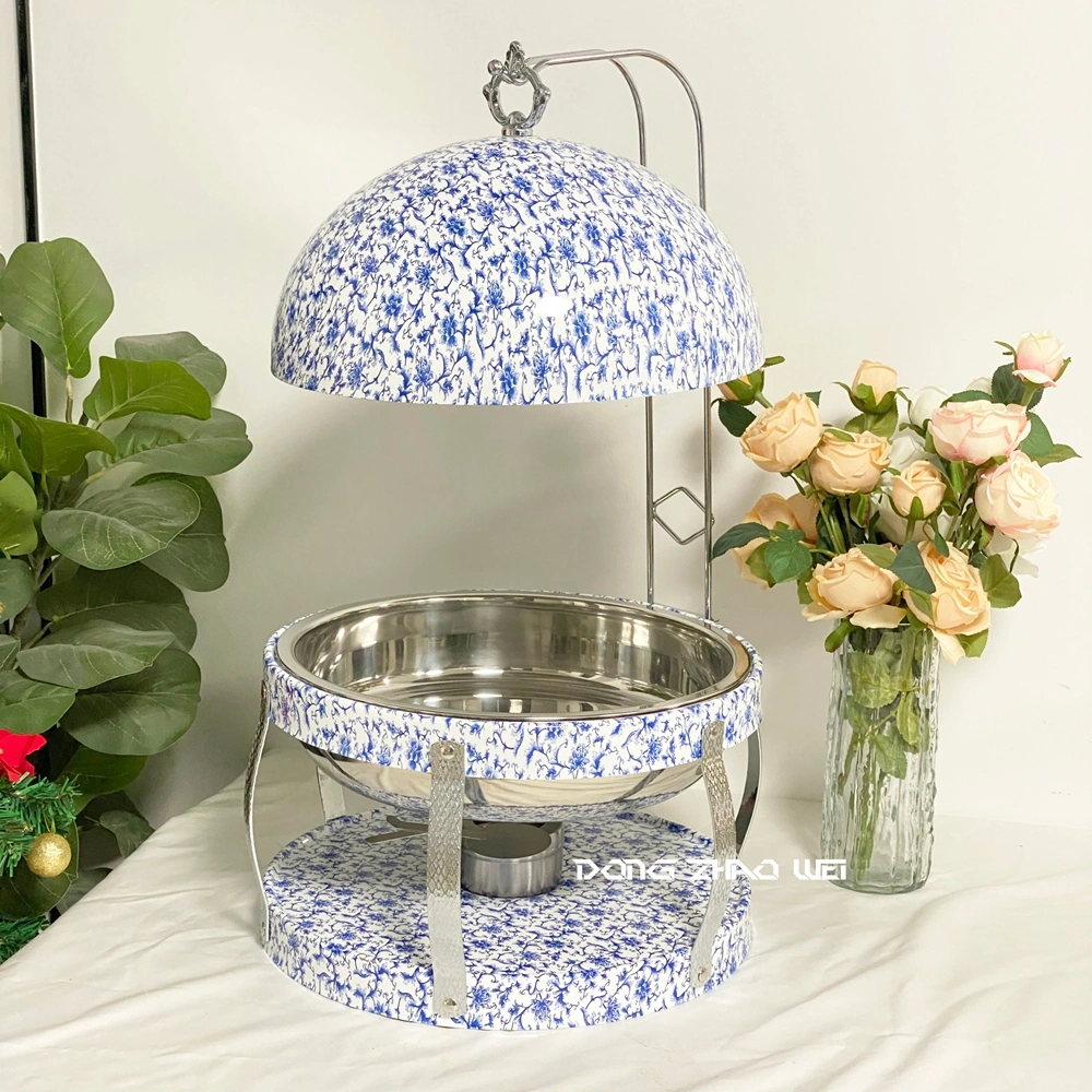 Wholesale Elegant Chafing Dish with Hanging Lid, Stainless Steel Blue and White Porcelain Buffet Set (4)