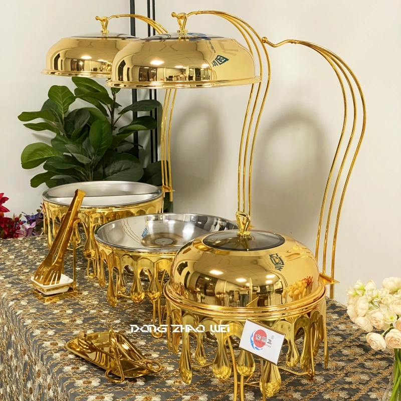 Prato Chafing Redondo Personalizado com Tampa de Vidro, Conjunto de Prato Chafing de Gotas de Água Grandes Douradas Fornecedor