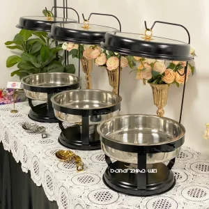 طبق بوفيه الطعام بالجملة من الفولاذ المقاوم للصدأ، طقم بوفيه بغطاء أسود أبيض ديس مرئي مورد