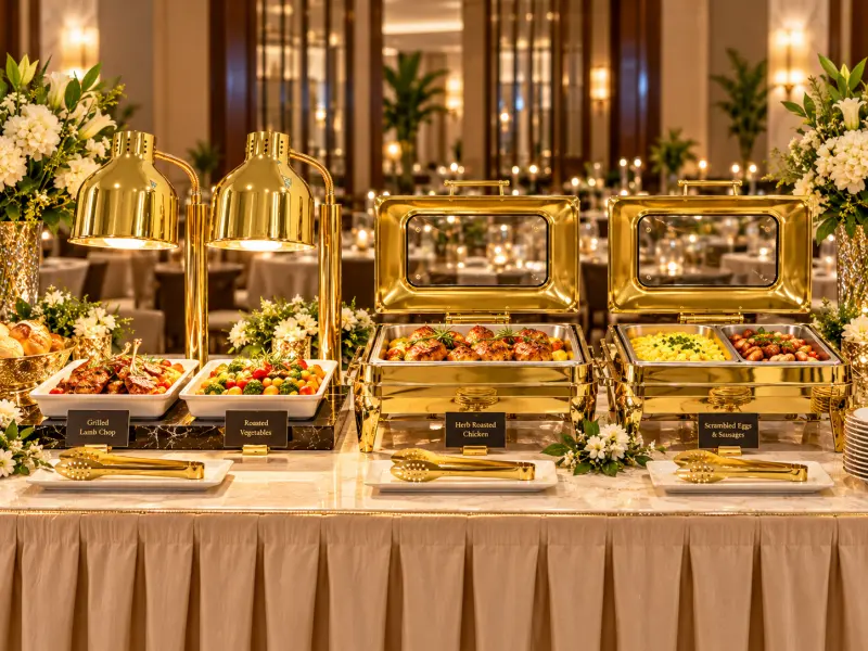 luxury hotel buffet gold food heat lamps and chafing dishes